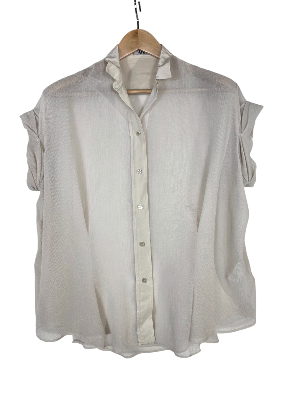 Acne Silk Contrast Scallop Pleat Mix Cream Short-Sleeve Button-Up Blouse